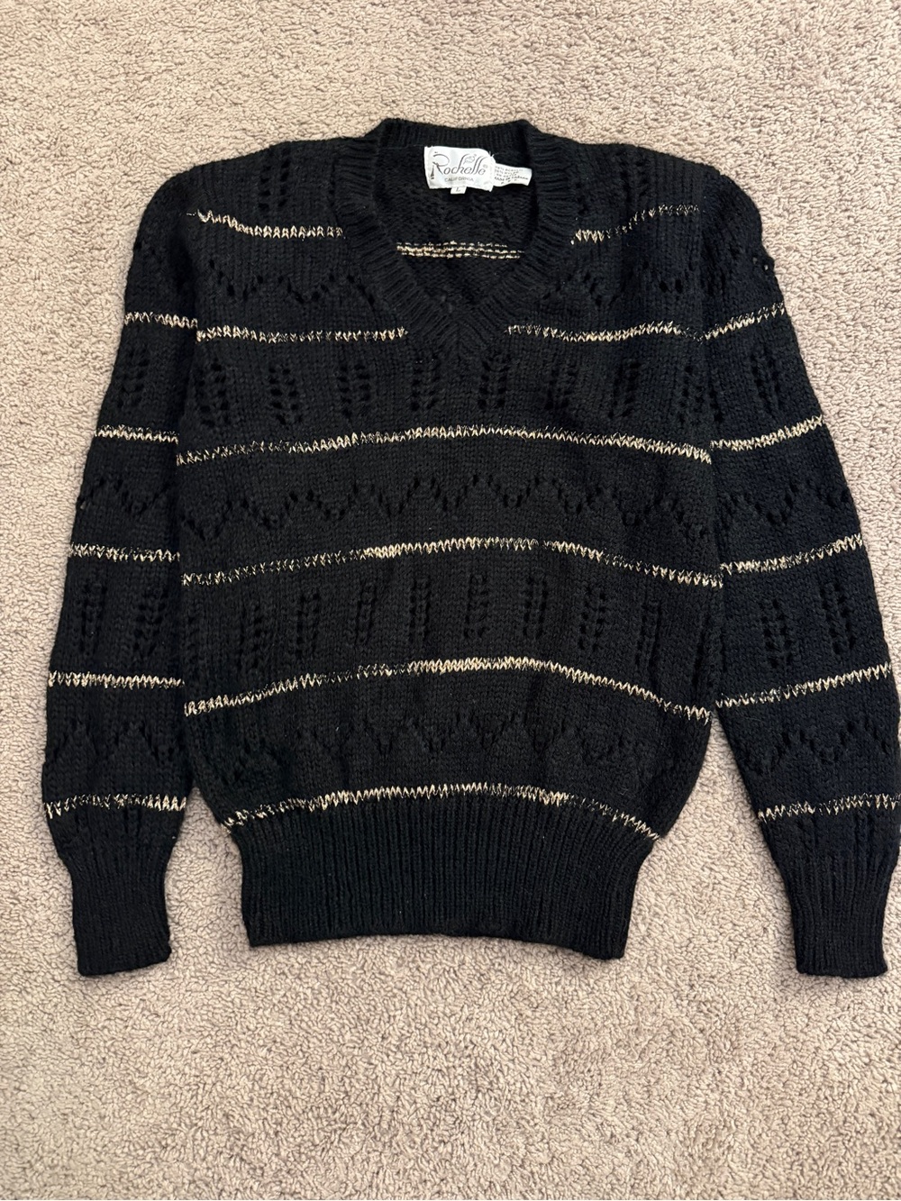 Rochelle V-Neck Knit Sweater Women Size Large Black Knit Metallic Stripes Shirt